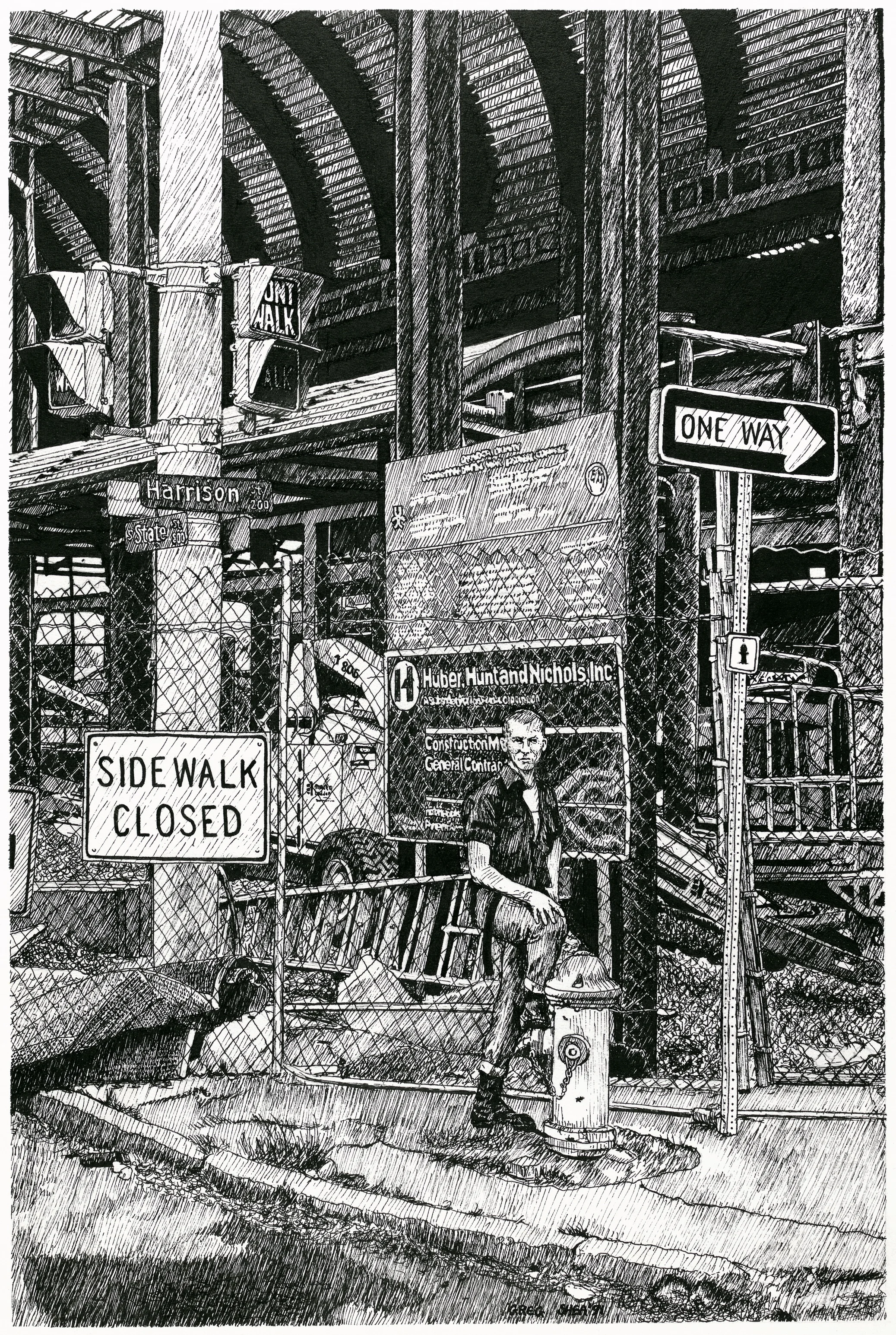 Signs of New Construction , 1991. Ink on board, approx. 15 x 20". Available for purchase.