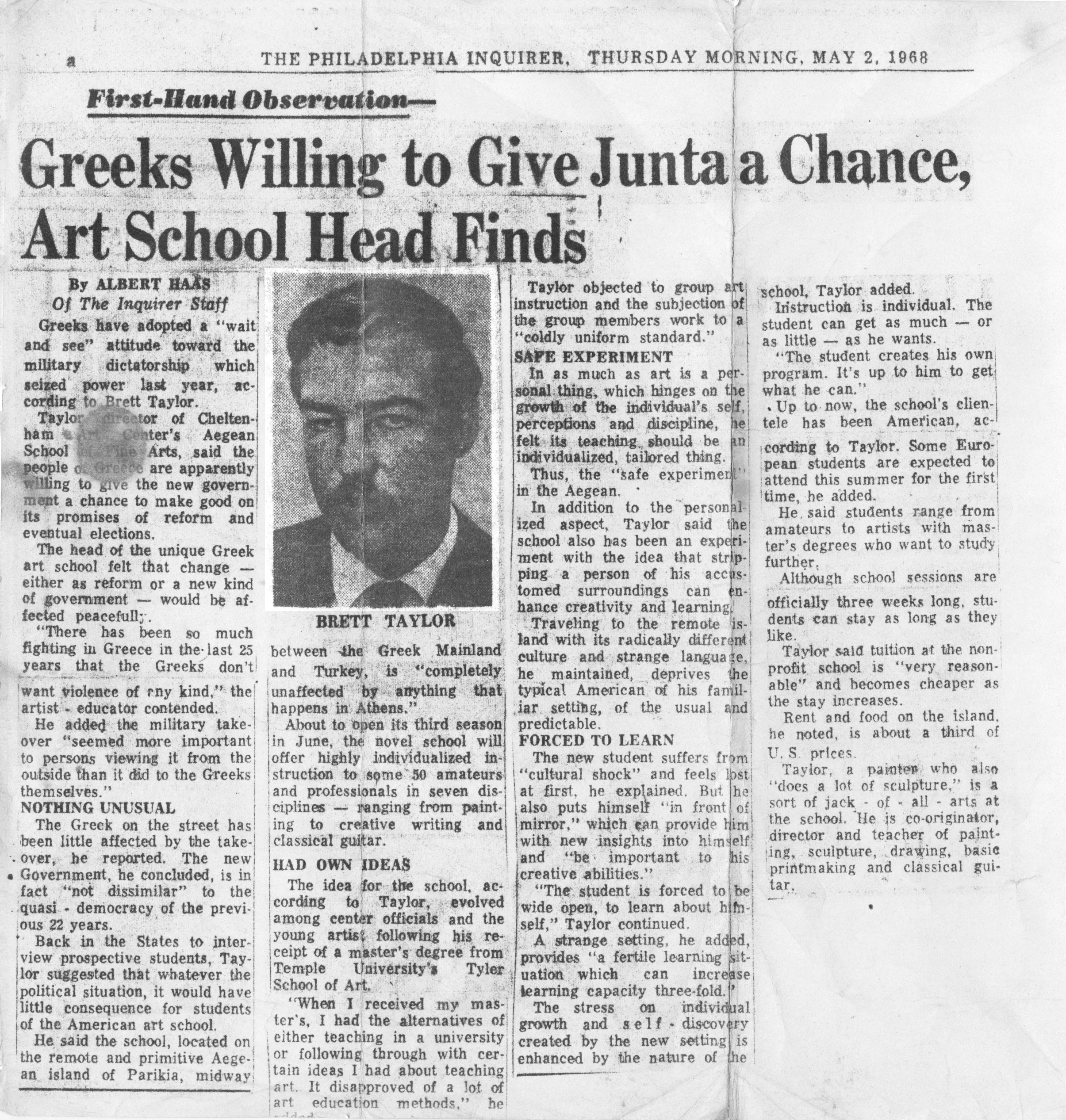 A newspaper clipping from the Philadelphia Inquirer dated May 2, 1968 in which Brett Taylor is interviewed about the Greek Junta and its effects on school enrollment.