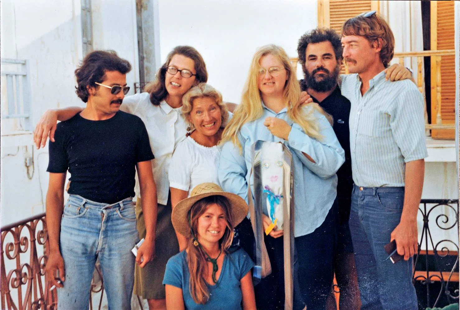 The Aegean School faculty in 1980, of Nick Loucas (painting teacher), Gail Wetzel (printmaker and administration), Gretchen Kiener (student), Elizabeth Carson (photography teacher), Jeffrey Carson (creative writing teacher), and Brett Taylor (director).