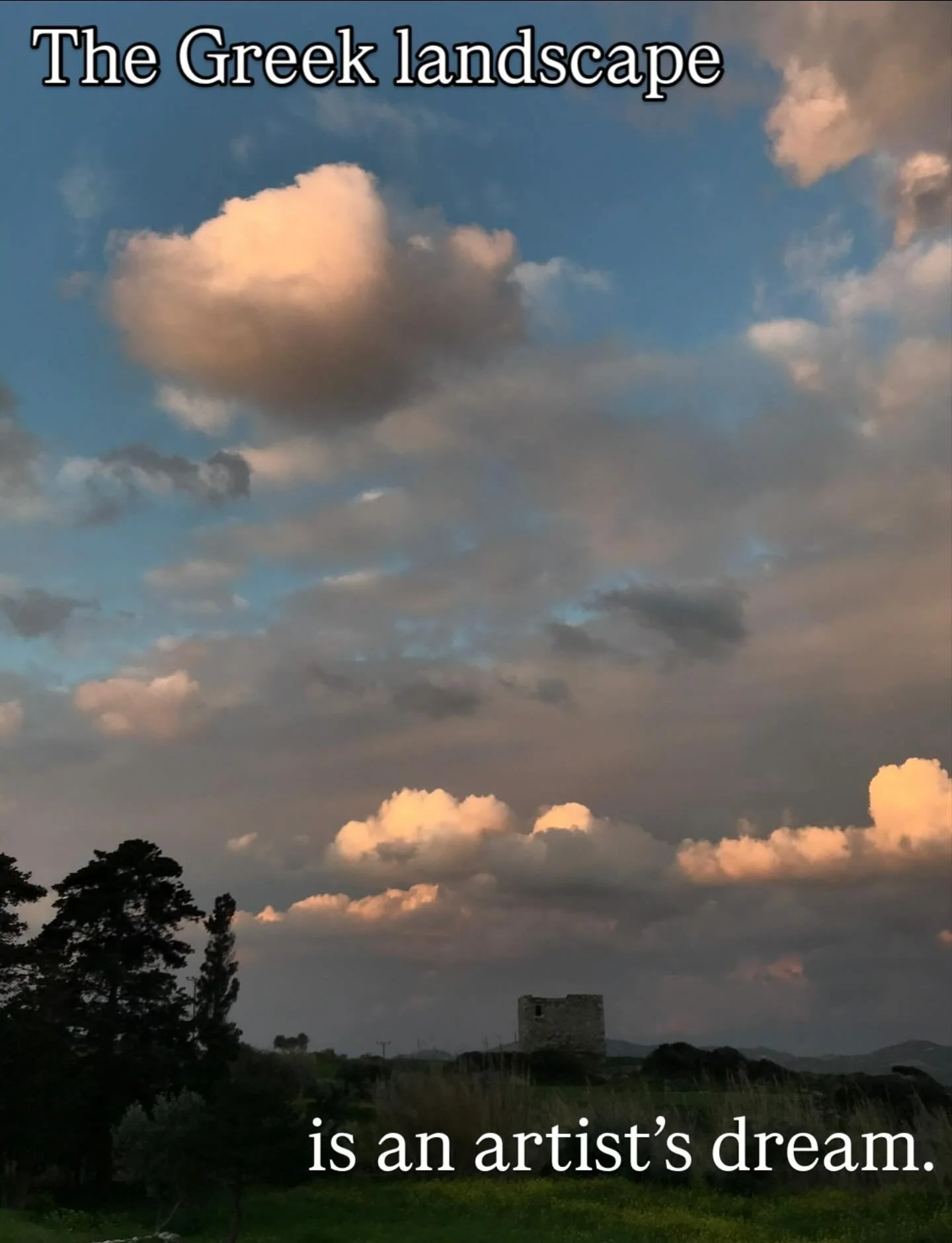 Changing light and vivid colors make every hour an interest to the painter. #landscape #color #greece #paros #island #weather #clouds #oilpainting #painting #residencies #workshops #learntopaint #travel #greekislands
