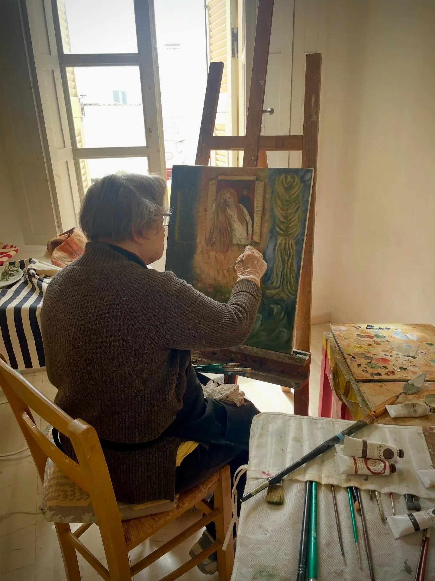 A glimpse inside the studios at the Center.  We have 4 residents, each working with oil paint.  #studios #artschool #oilpainting #paros #greece