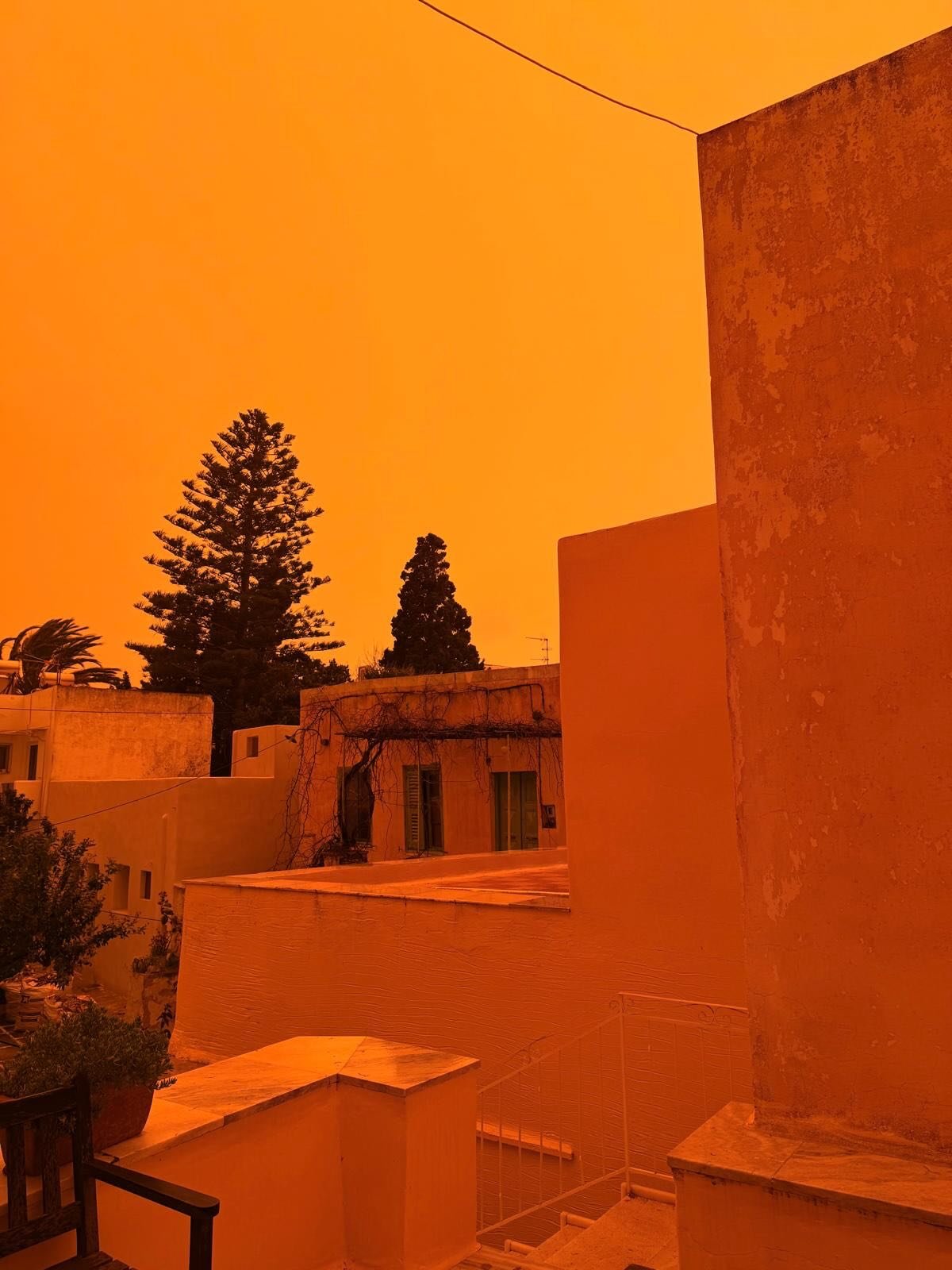 Sirocco last night brought in dust from the Sahara and the sky turned orange.  The next morning everything was covered with mud. #paros #sirroco #saharadust #greekisland #artschool