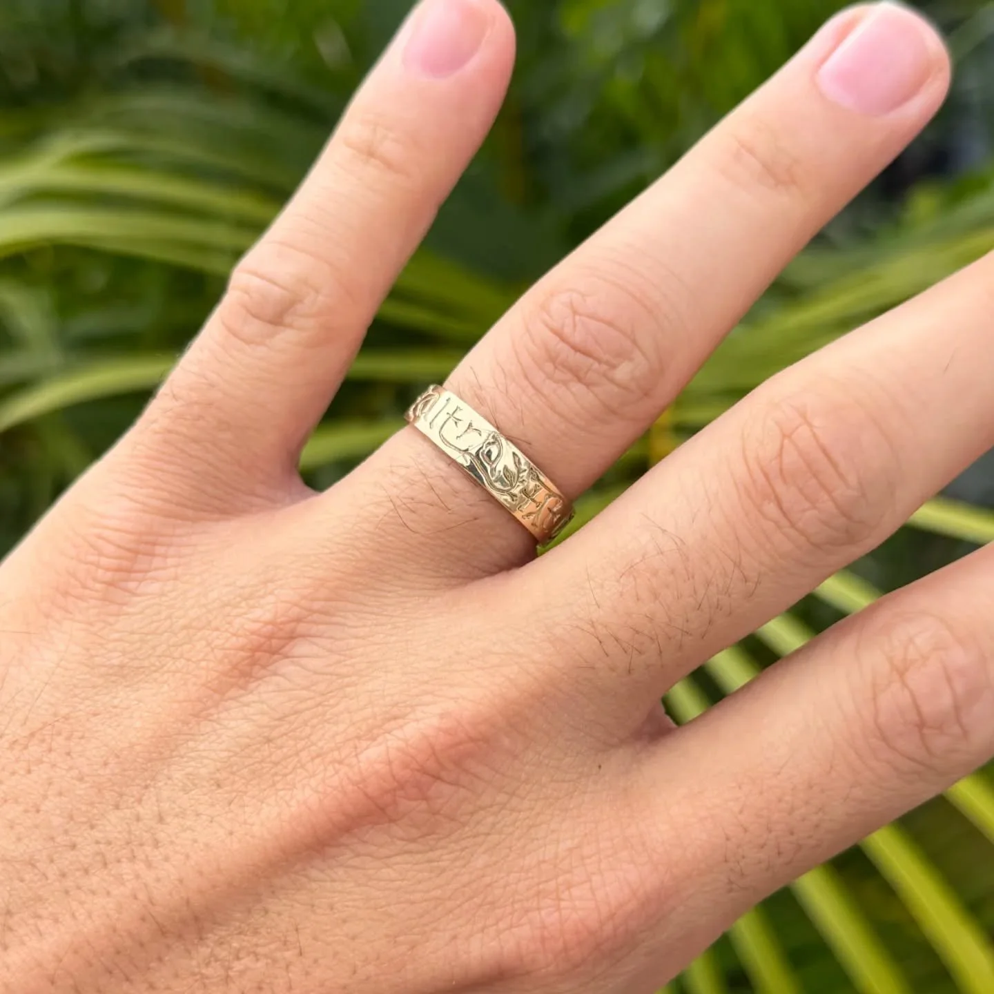 A medieval reproduction wedding ring in 10 k gold with a motto meaning, you and no other. Rings with engraved mottos were common in the 14th and 15th century and they are very enjoyable to recreate. 
Hopefully this wedding ring will be worn for many 