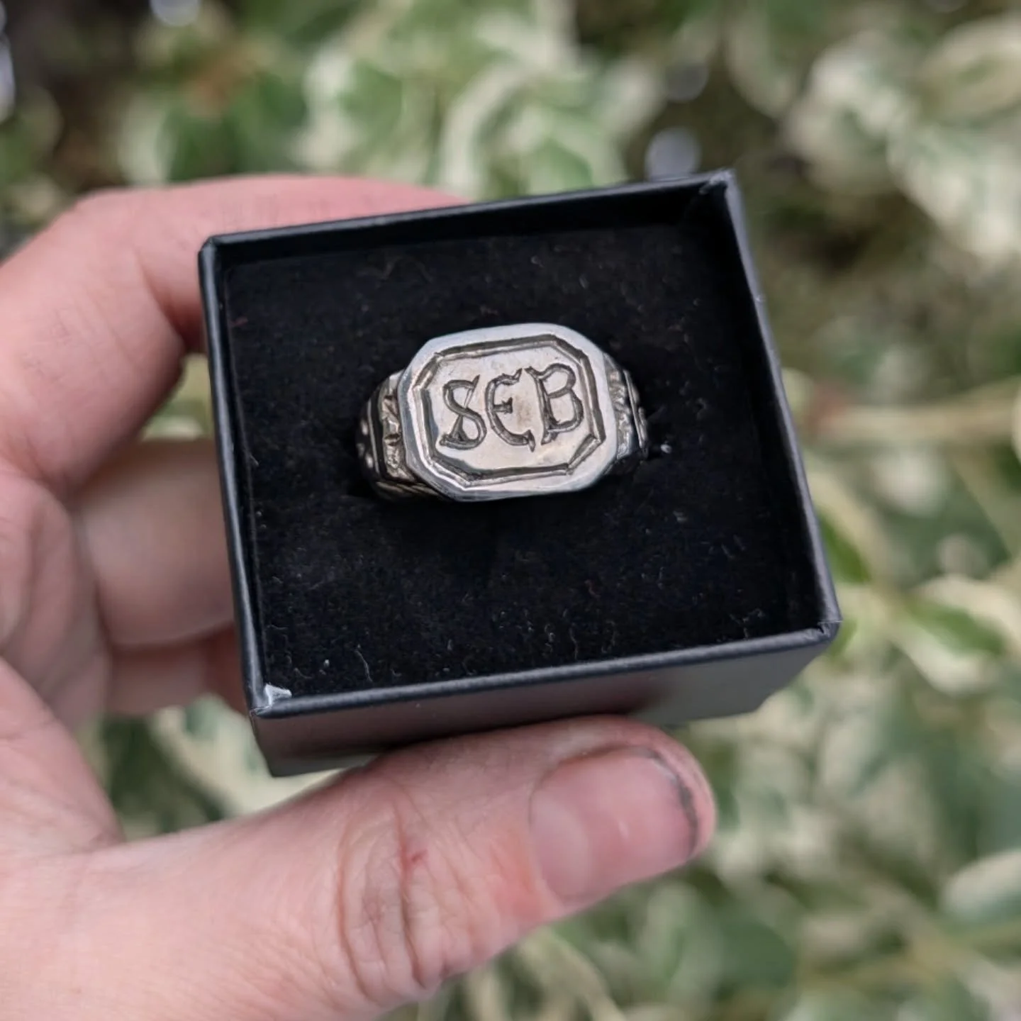 Custom ring engraved with the initials of your choice. The setting is based on a fifteenth century signet ring with skulls on either side. Definitely a favorite of mine. 
#customring #signetrings #handmaderings #medievalrings #mensrings