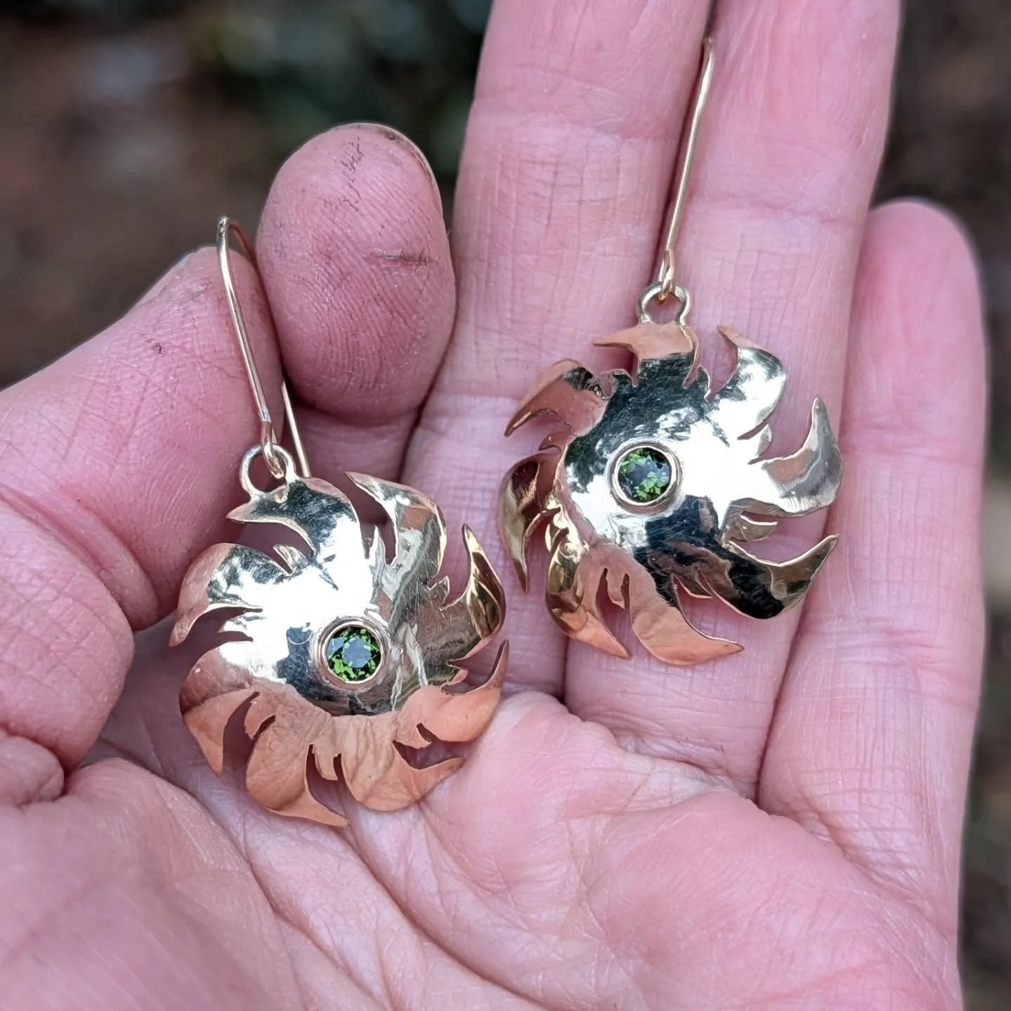 It's finally feeling like spring in Toronto so it's perfect that I just finished up these gold plated sterling silver sun earrings, set with green tourmaline. I thought they'd be a beautiful representation of the sun for my client who is an aries! 
#