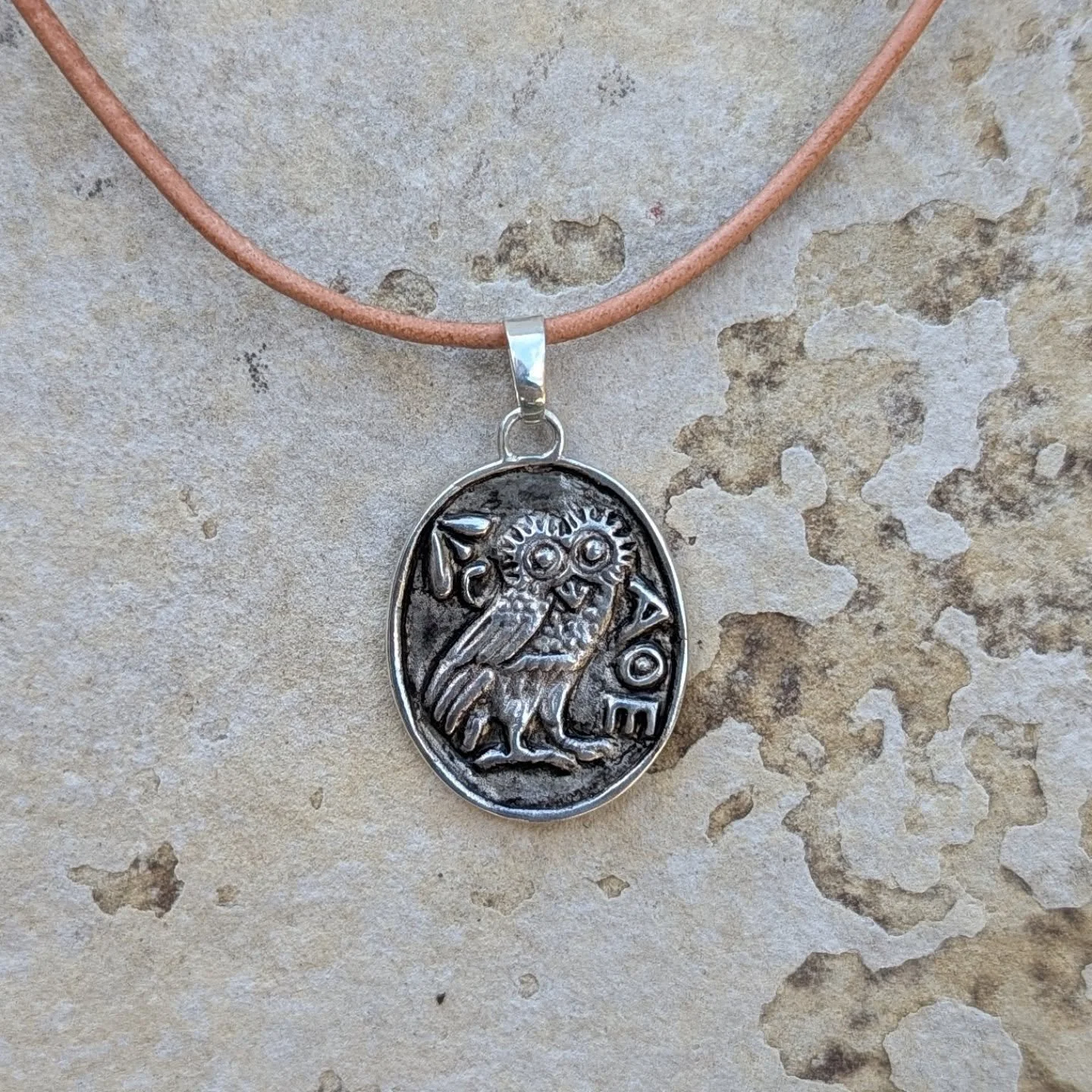 My Athenian owl coin in silver plated bronze with a leather cord. Still so excited about this new piece! 
#ancientgreece #coin #athena #owl