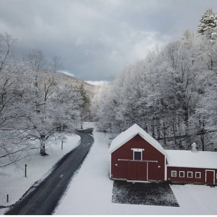 snow and the big red barn
