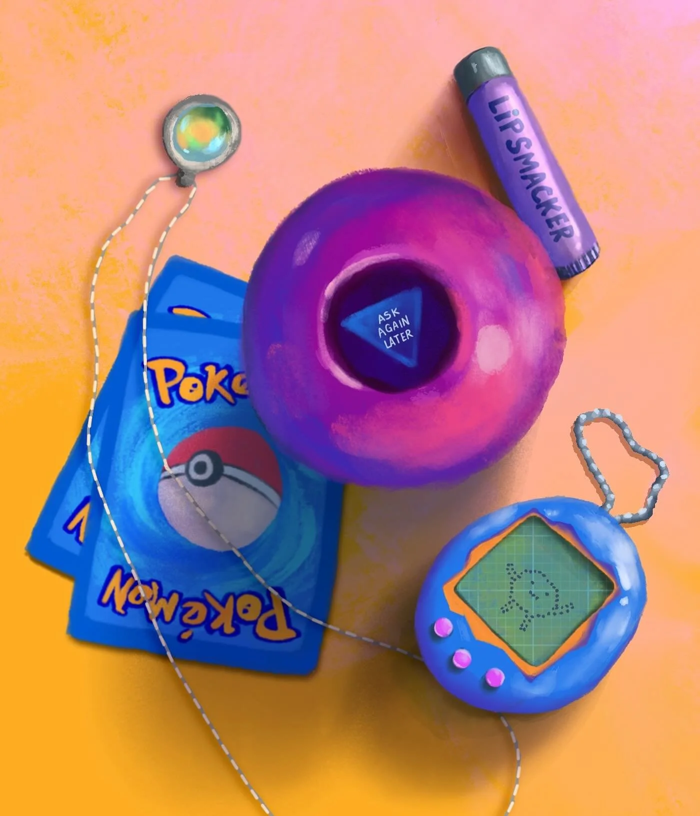 Embracing millenialcore cringe, it brings me joy (thank you for all your trinket suggestions!!) 
.
.
.
#tamagotchi #8ball #magic #nostalgia #stillife #illustration #womenofillustration #ladieswhodesign #y2k #90skids