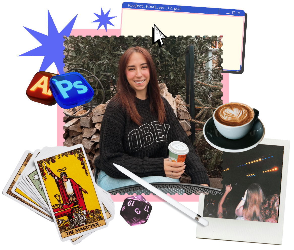 Square cropped image of MK Kotocavage surrounded by flat vector images, a tarot deck, an iPad stylus, and DND d20 dice