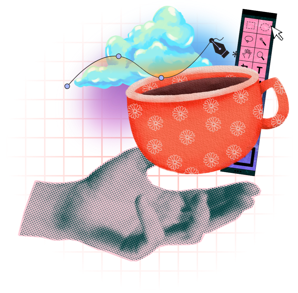Mixed media image of a halftone hand underneath a floating red coffee mug, light pink grid, blue cloud, and flat vector illustration