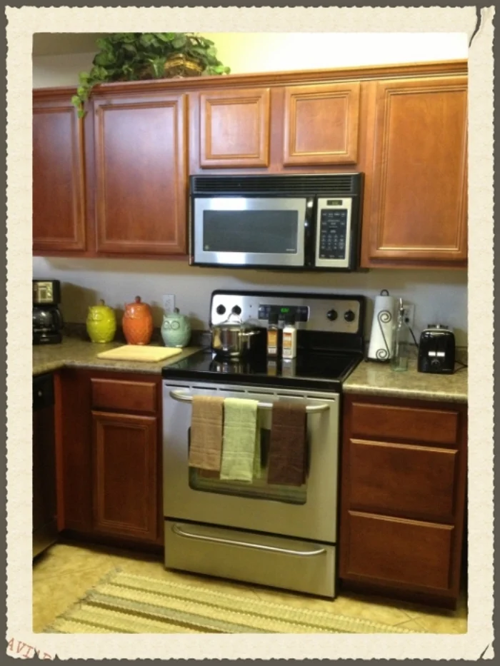 The kitchen if stocked with a hodge podge of dishes and cookware!