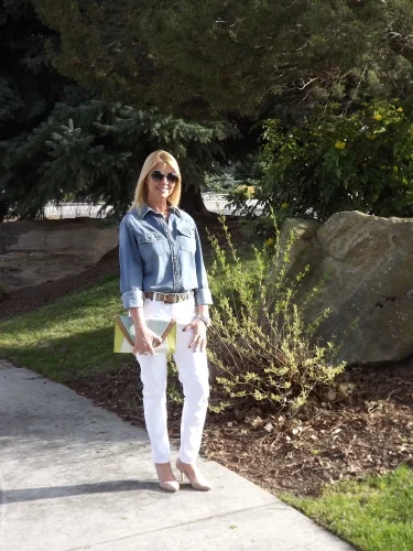 Target denim shirt, KUT white jeans, MK leopard belt and watch and Ivanka Trump suede pumps.