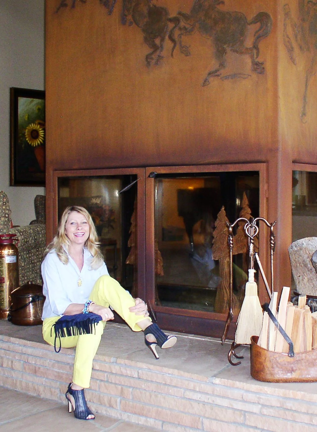 Yellow Jeans with Navy Bag and Shoes