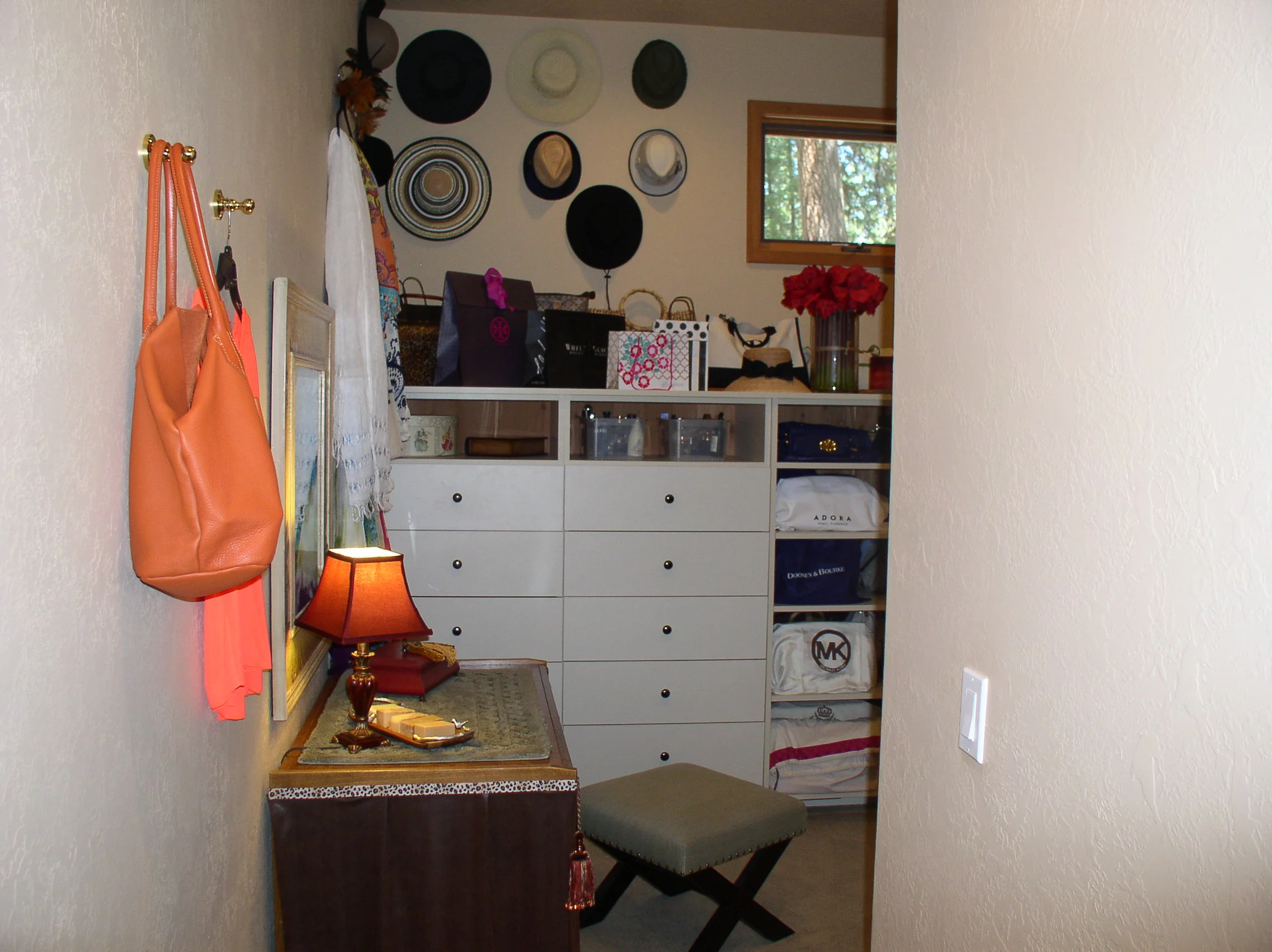 Act I, enter stage left. My makeup table was an old computer desk that I decorated. It works perfectly and has storage underneath.