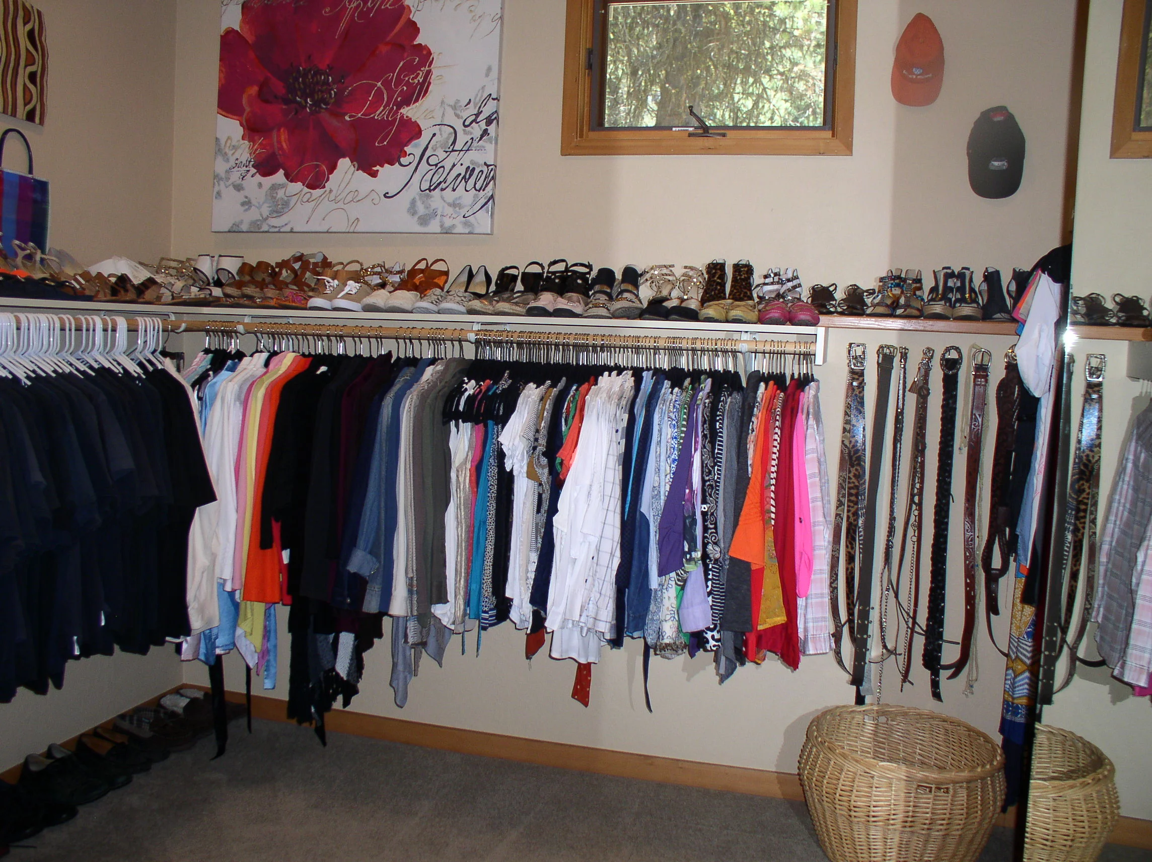 I orgainzed tops by sleeve length then color. My belts are now where I can grab them quickly. Big fun basket to catch laundry.