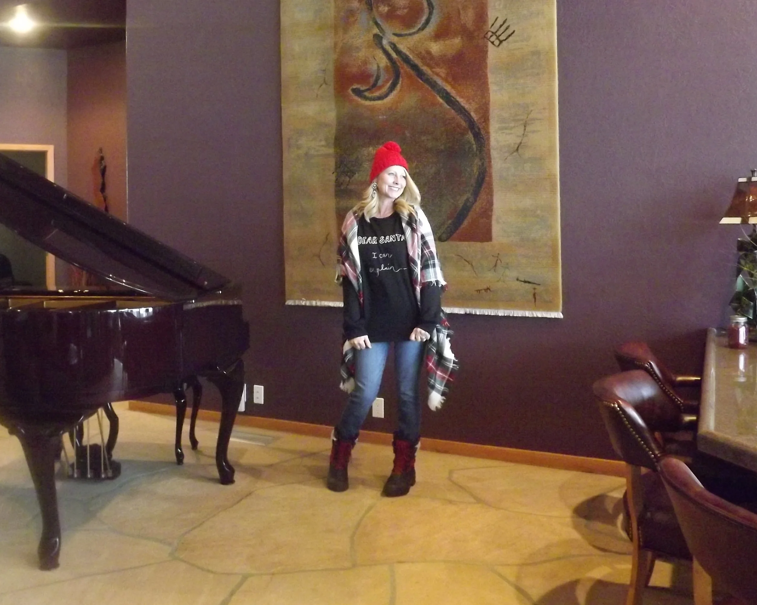 First I dressed to go outside. I'm wearing my Dear Santa, I can explain . . . sweatshirt, scarf, boots and hat all with a pop of red!
