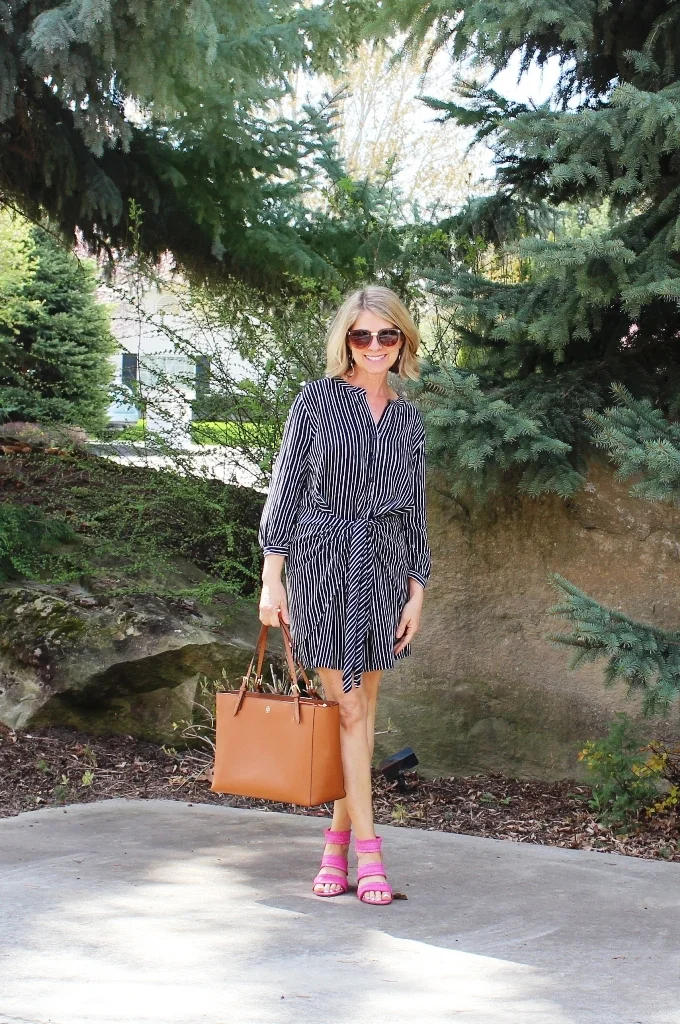 Navy Tie Front Dress & Hot Pink Sandals