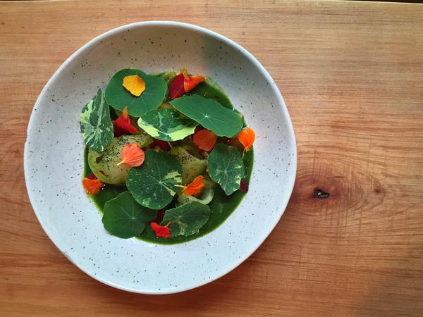 Tomatoes with Green Garlic Dashi and Nastursiums