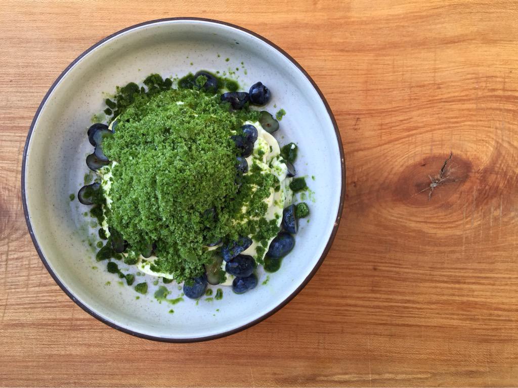 Corn Mousse with Blueberries and Basil Granita