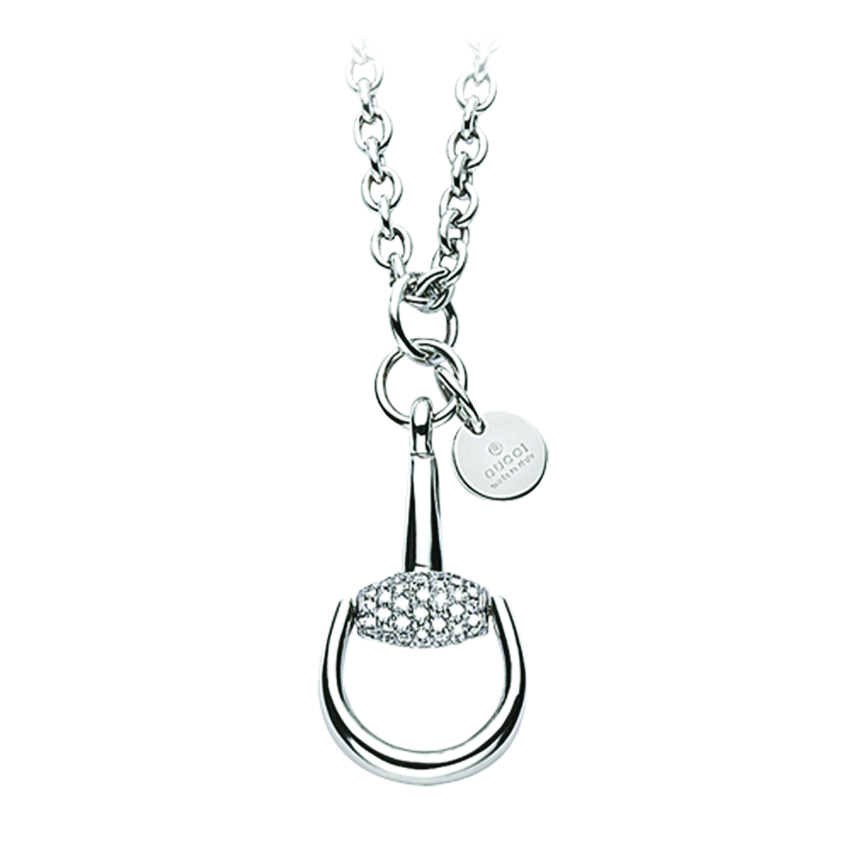 Gucci 18K White Gold Horsebit Diamond Pendant and Necklace