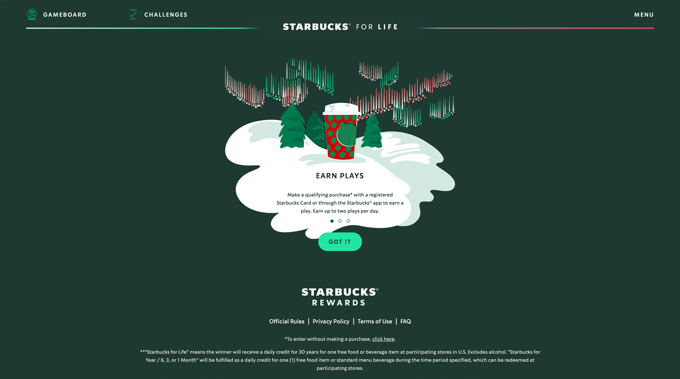 The onboarding page helps the user get a brief overview of how to earn plays and what they can get out of the game.