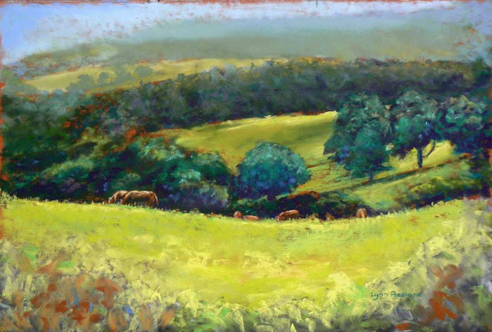 View from Chatsworth Farm Shop in August, pastel