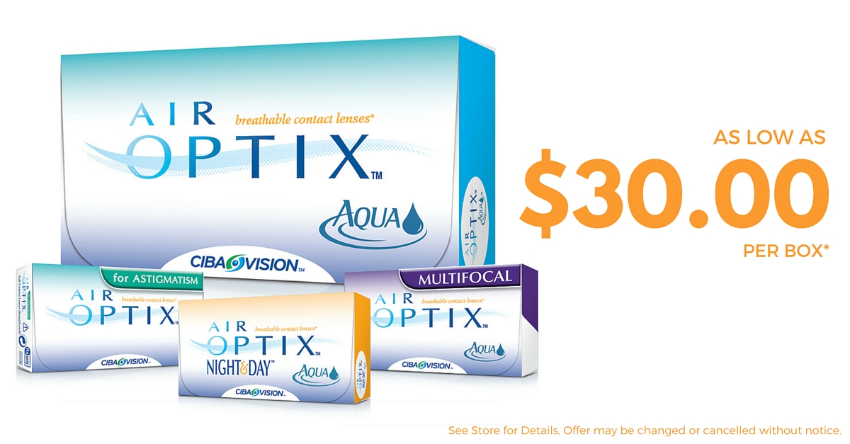 Image: Boxes of Air Opitx Aqua contact lenses - Air Optix Sphere, Air Opitx for Astigmatism, Air Optix Multifocal and Air Optix Night & Day 
