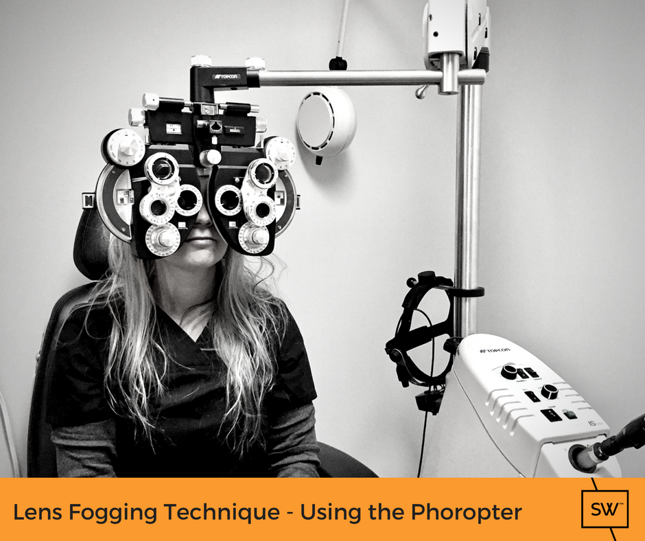 Stonewire staff member demonstrating the lens fogging technique in the phoropter
