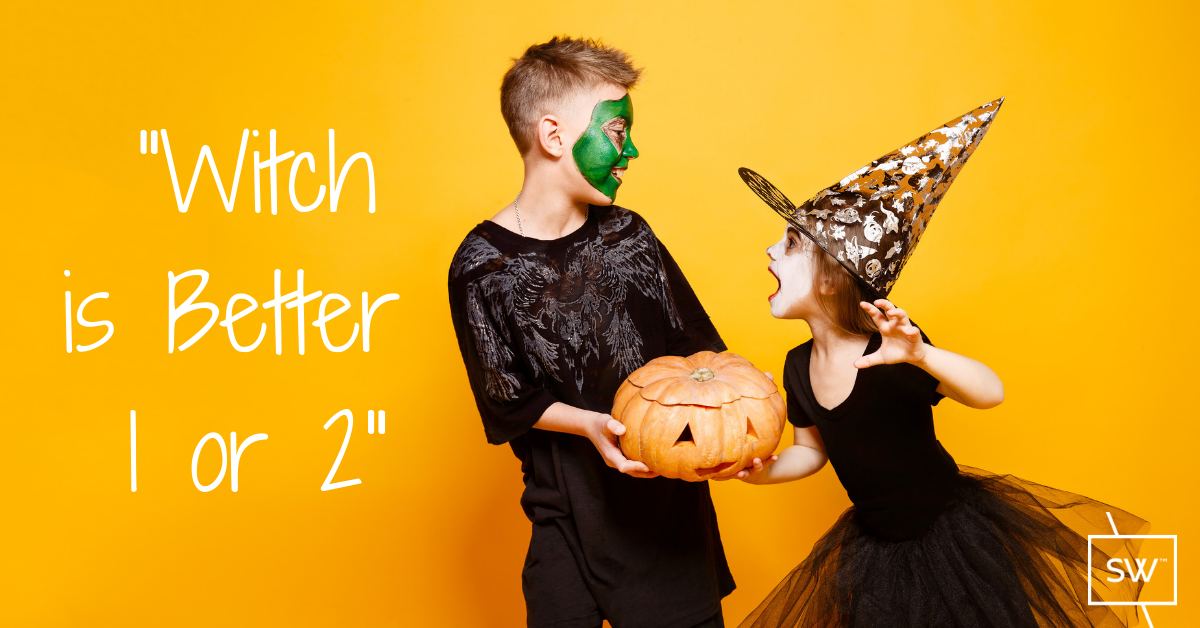 two kids getting ready for halloween on an orange background.