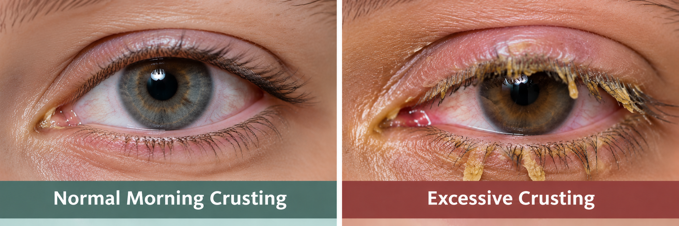 Side-by-side comparison of normal morning eye crusting with small amounts of discharge near the inner corner and excessive yellow crusting along the eyelashes with eyelid redness.