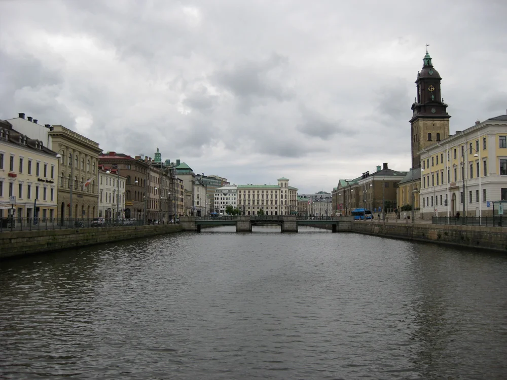 Buildings line the canals in Gothenburg, Sweden.