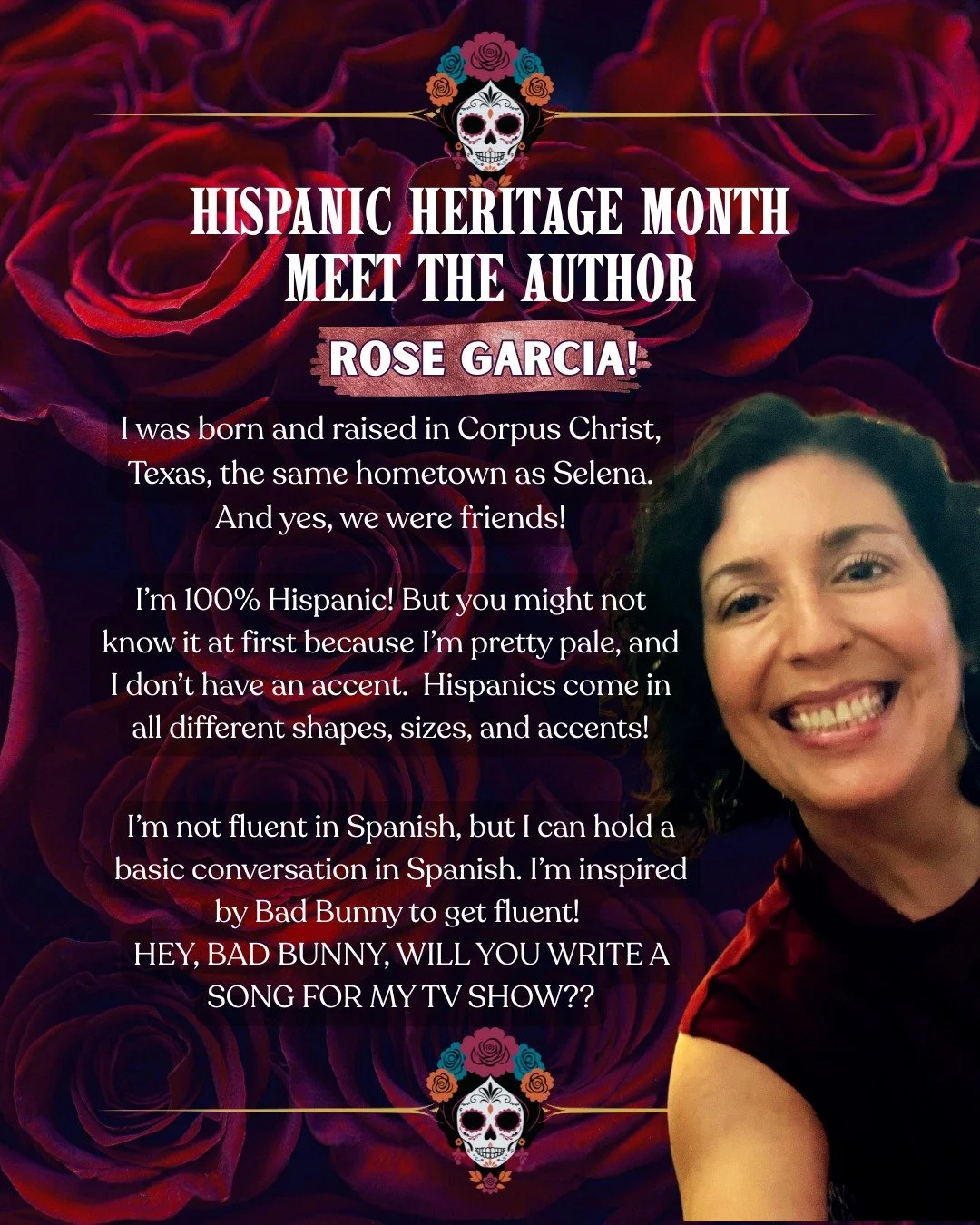 Hey! Hispanic Heritage Month is still happening but ends soonish on October 15th. Did you know that I'm Hispanic and that my books all feature Hispanic characters?

To get to know me better, scroll along! I'm also happy to answer any questions about 