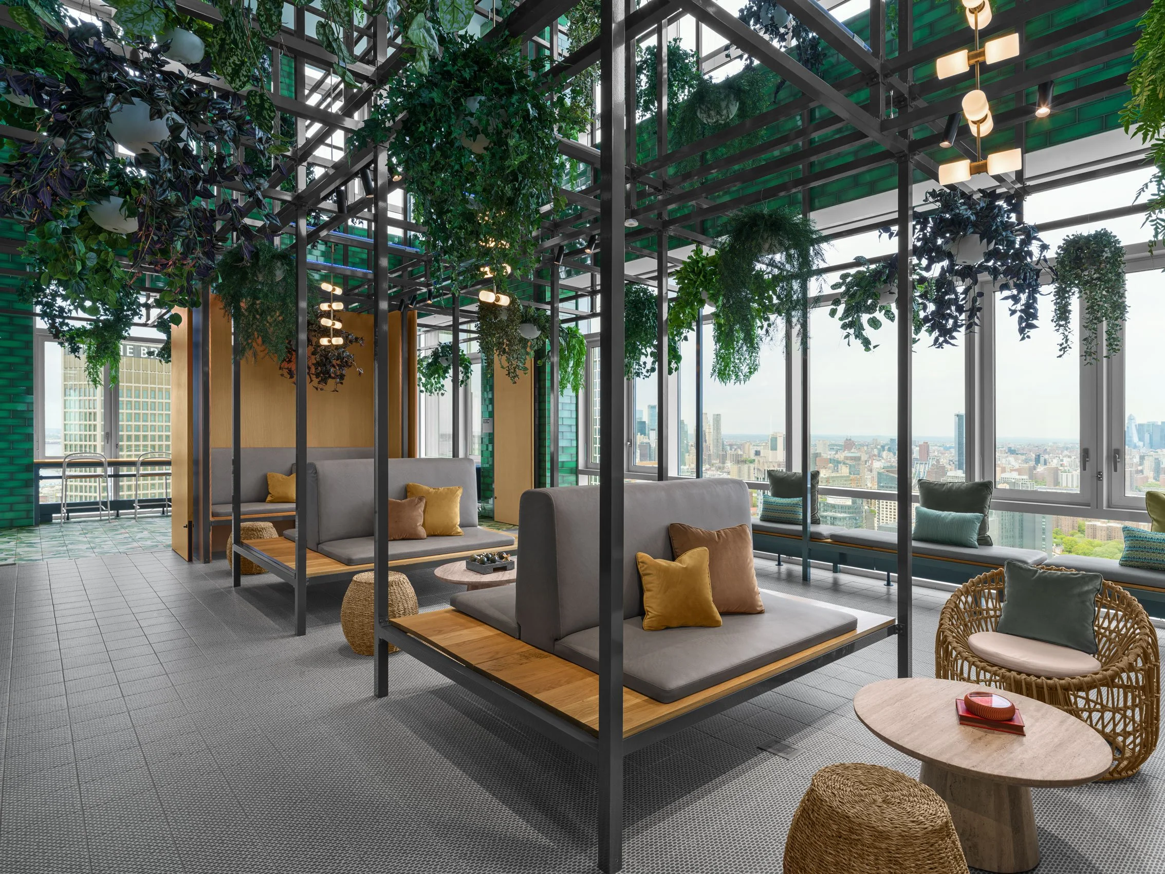 luxury apartment tower planted rooftop lounge