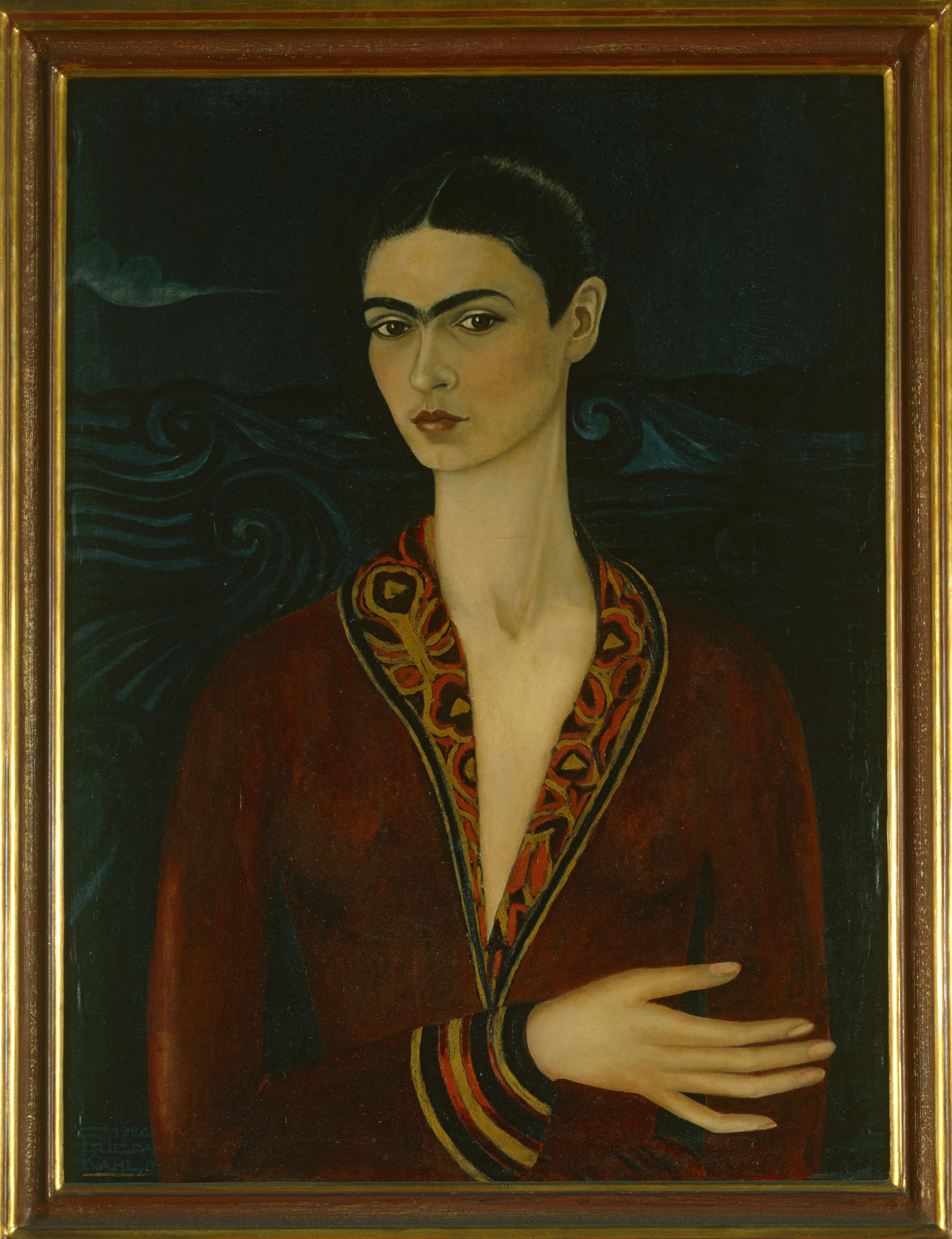 Frida Kahlo , Self-Portrait Wearing a Velvet Dress , 1926 © 2018 Banco de México Diego Rivera Frida Kahlo Museums Trust, Mexico, D.F. / Artists Rights Society (ARS), New York