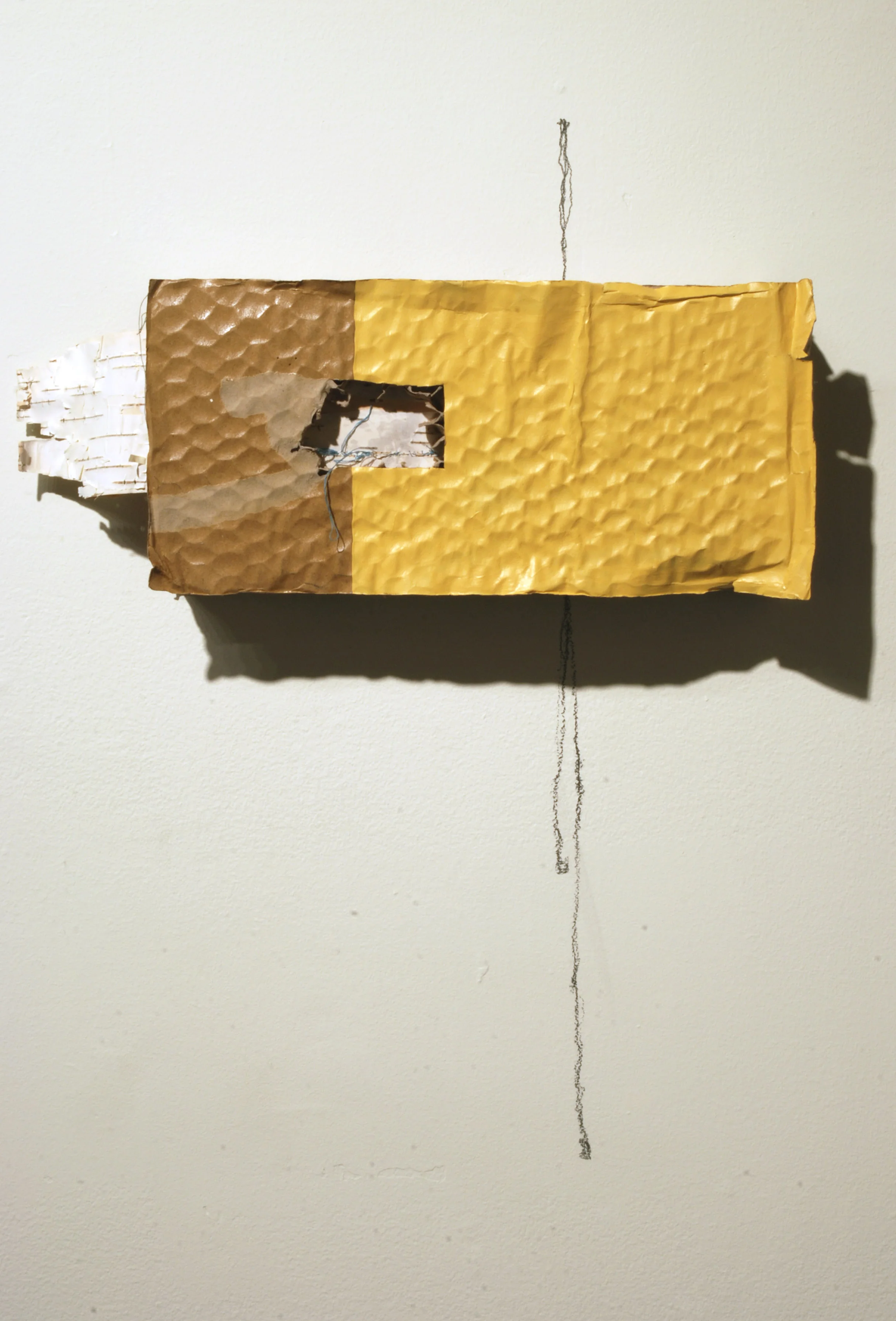 A Hasty Excavation and Its Resulting Scar, 27" X 17 3/4", cardboard/latex paint/acrylic/birch bark/thread/graphite, 2014