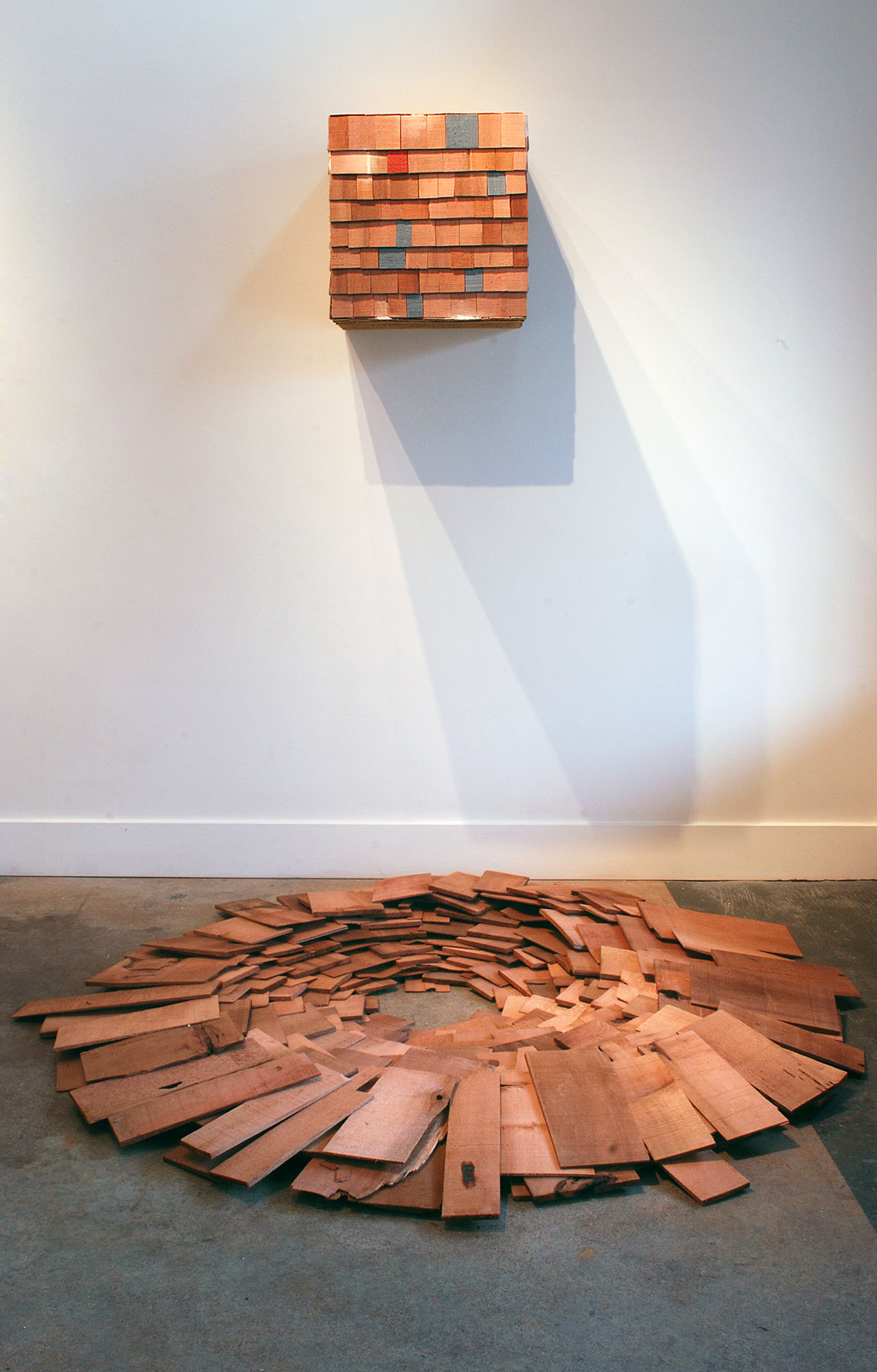 Aimlessly Shoring Up, 16 1/2" X 16 1/2" X 16 1/2" (floor dimensions variable), cedar/plywood/latex paint/acrylic, 2015