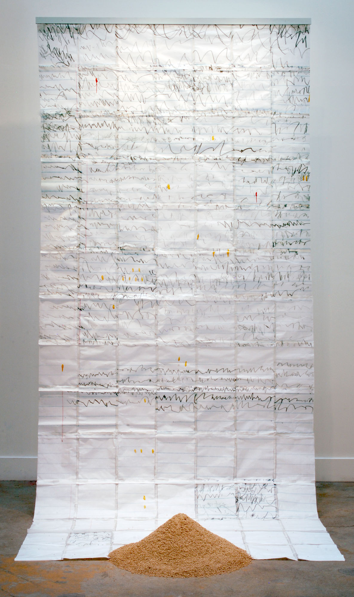 Chicken Scratch Memory Quilt, 116" X 56 1/2" X 32" (chicken feed dimensions are variable), grass paper/ink/chicken feed/latex paint/poplar, 2016