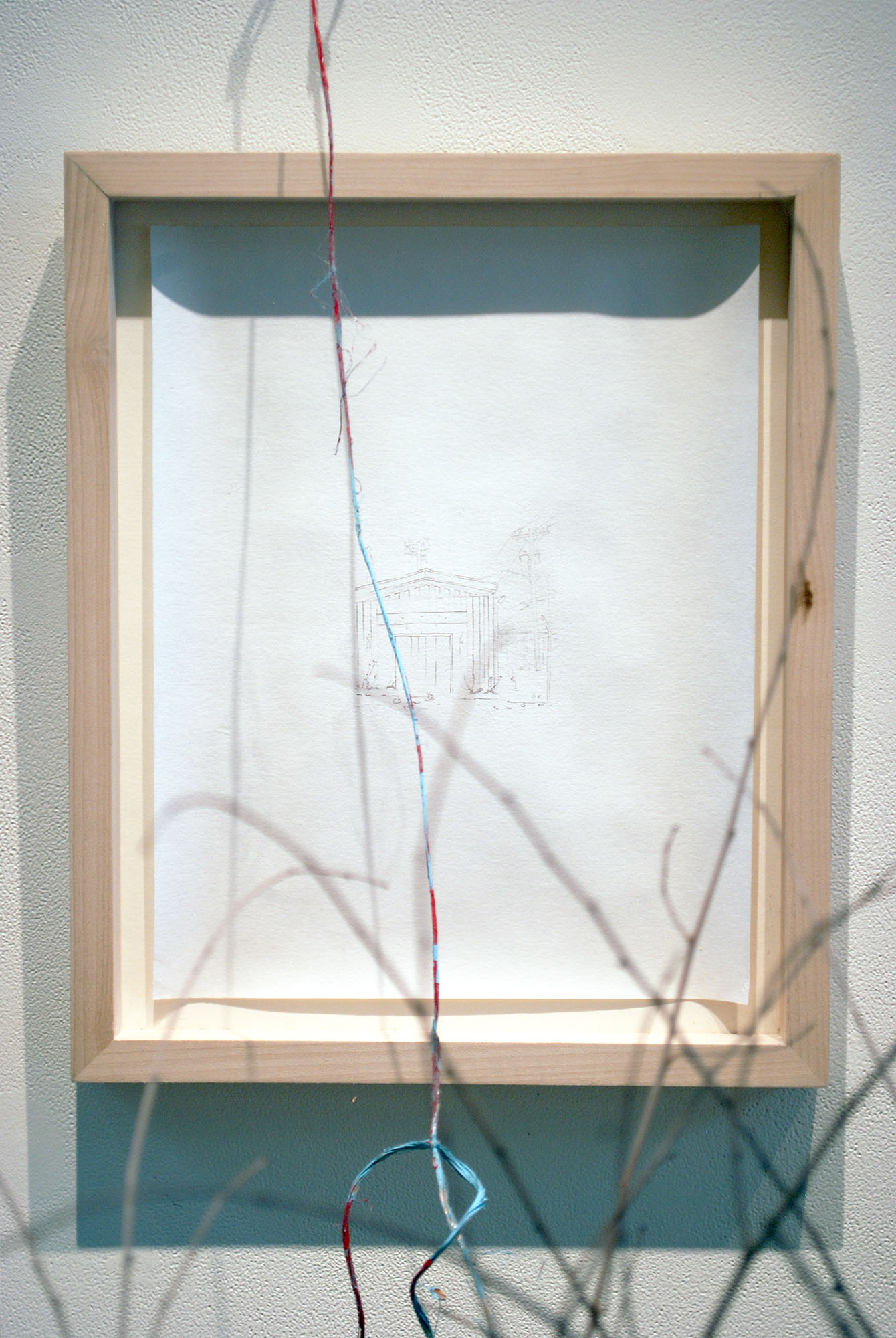 DETAIL: From the Bottom on Down, wood/wood chips/newspaper/branches/twine/graphite/kozo-shi paper/nail/latex paint, 2016
