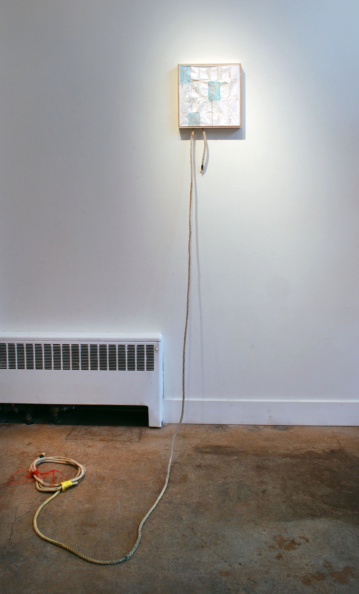 O.B. Line, 10 1/2" X 10 1/2" X 12' (rope length), grass paper/watercolor/wood/rope/electrical tape/twine/duct tape, 2016