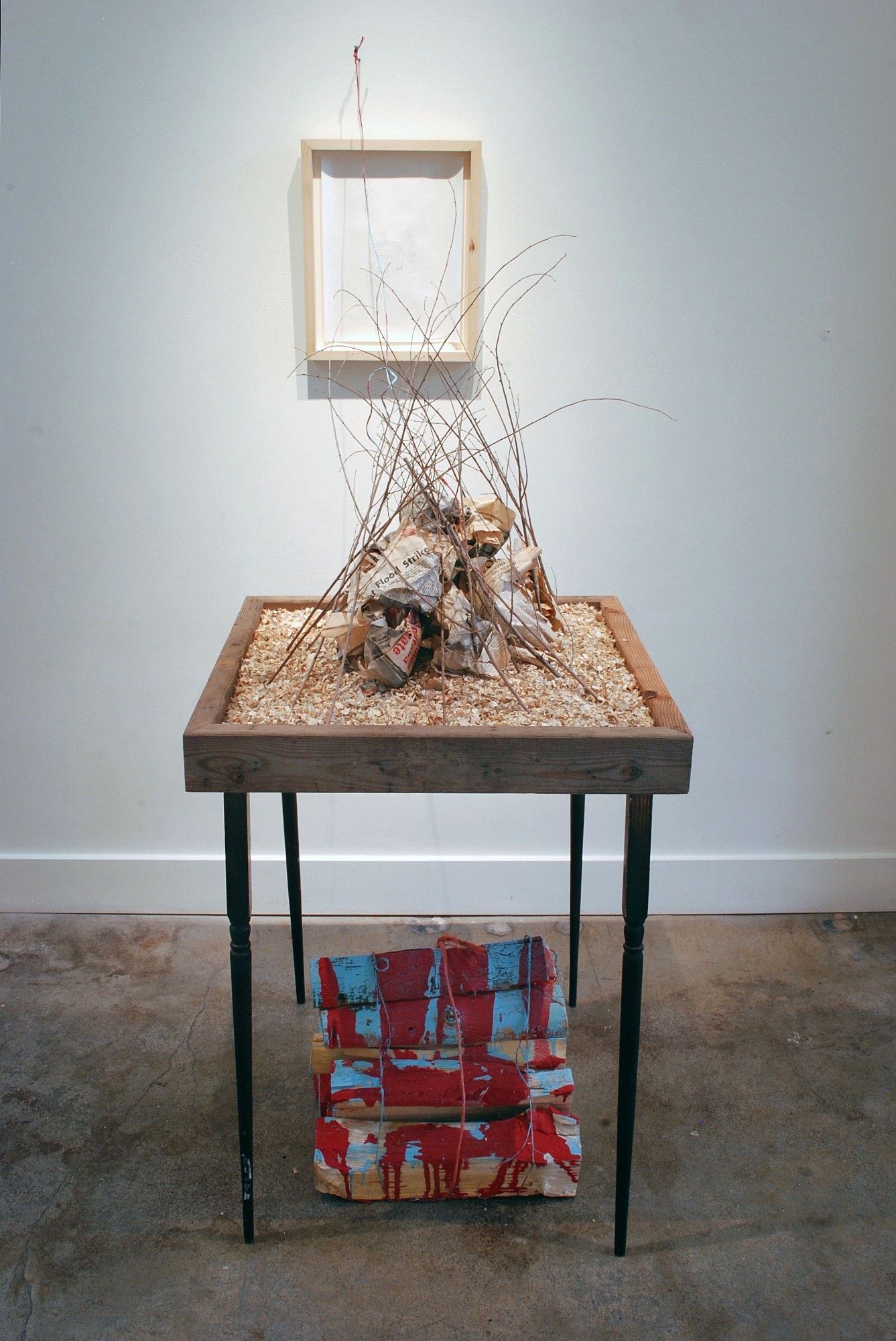 From the Bottom on Down, 60" X 24" X 42", wood/wood chips/newspaper/branches/twine/graphite/kozo-shi paper/nail/latex paint, 2016