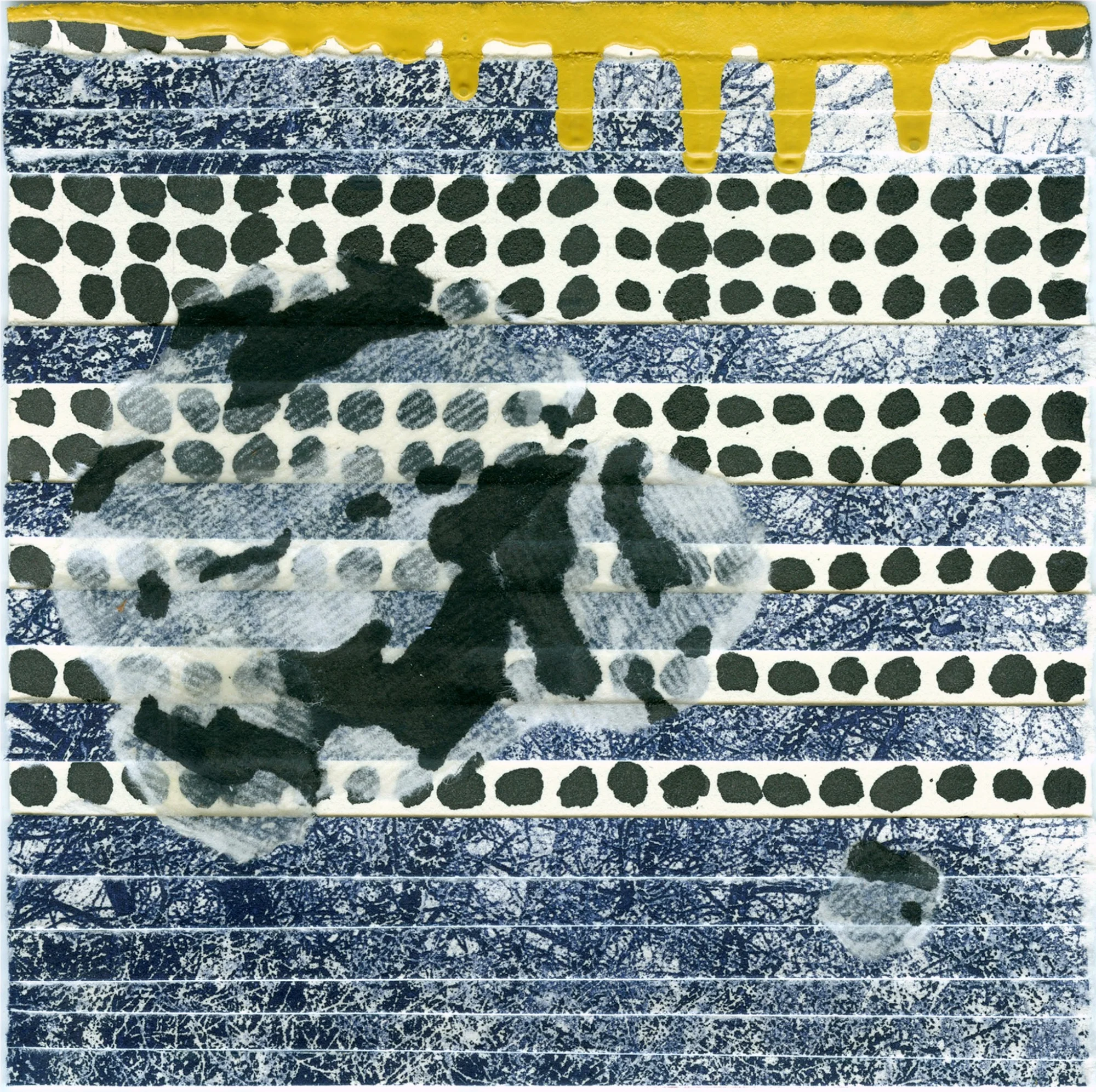 here's to your #fullmoon, 5" X 5", re-purposed intaglio print/india ink/grass paper/latex paint, 2017