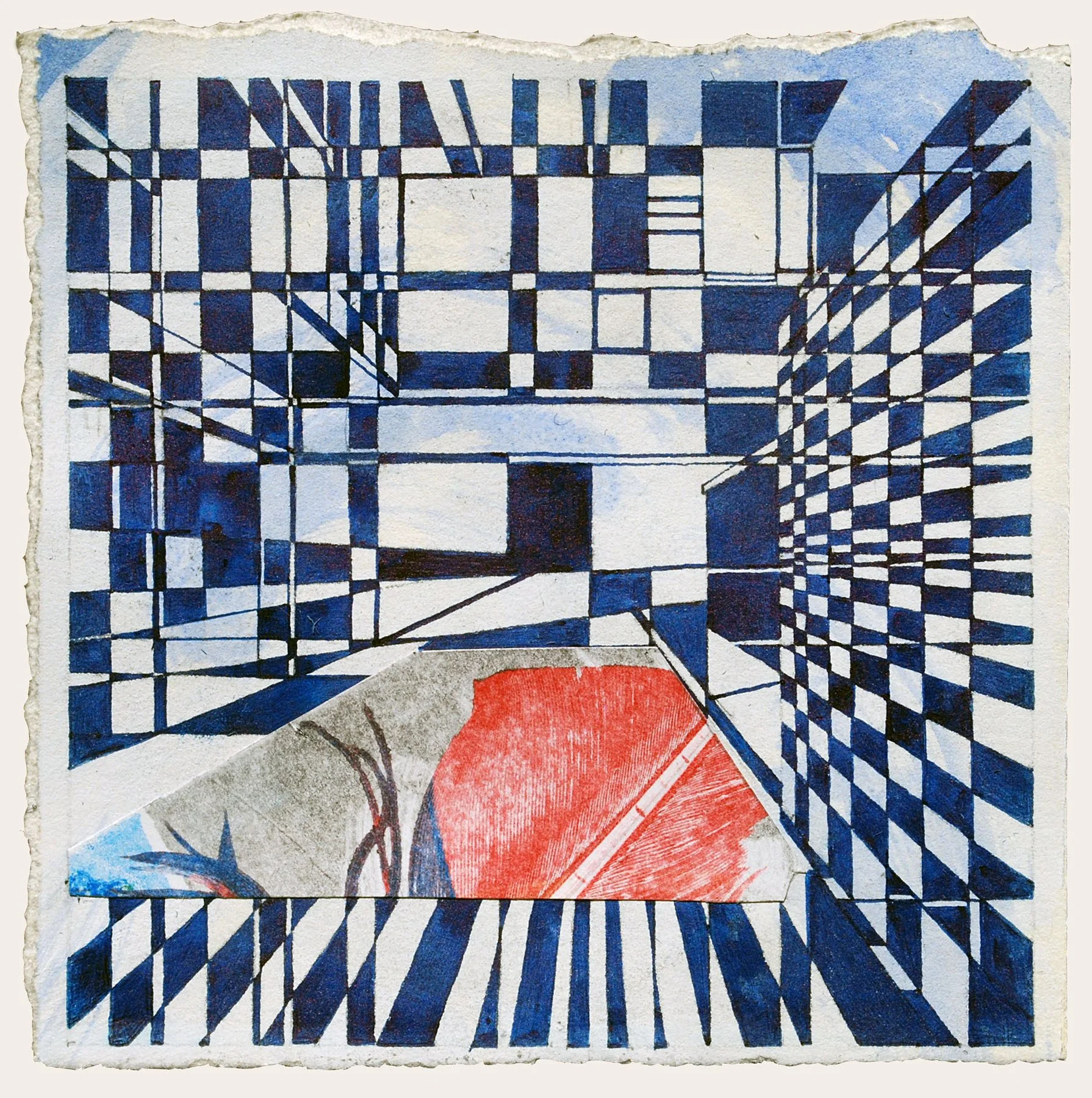 Swept from View, 5 1/2" X 5 3/8", ink/mono-print/gouache/graphite, 2017