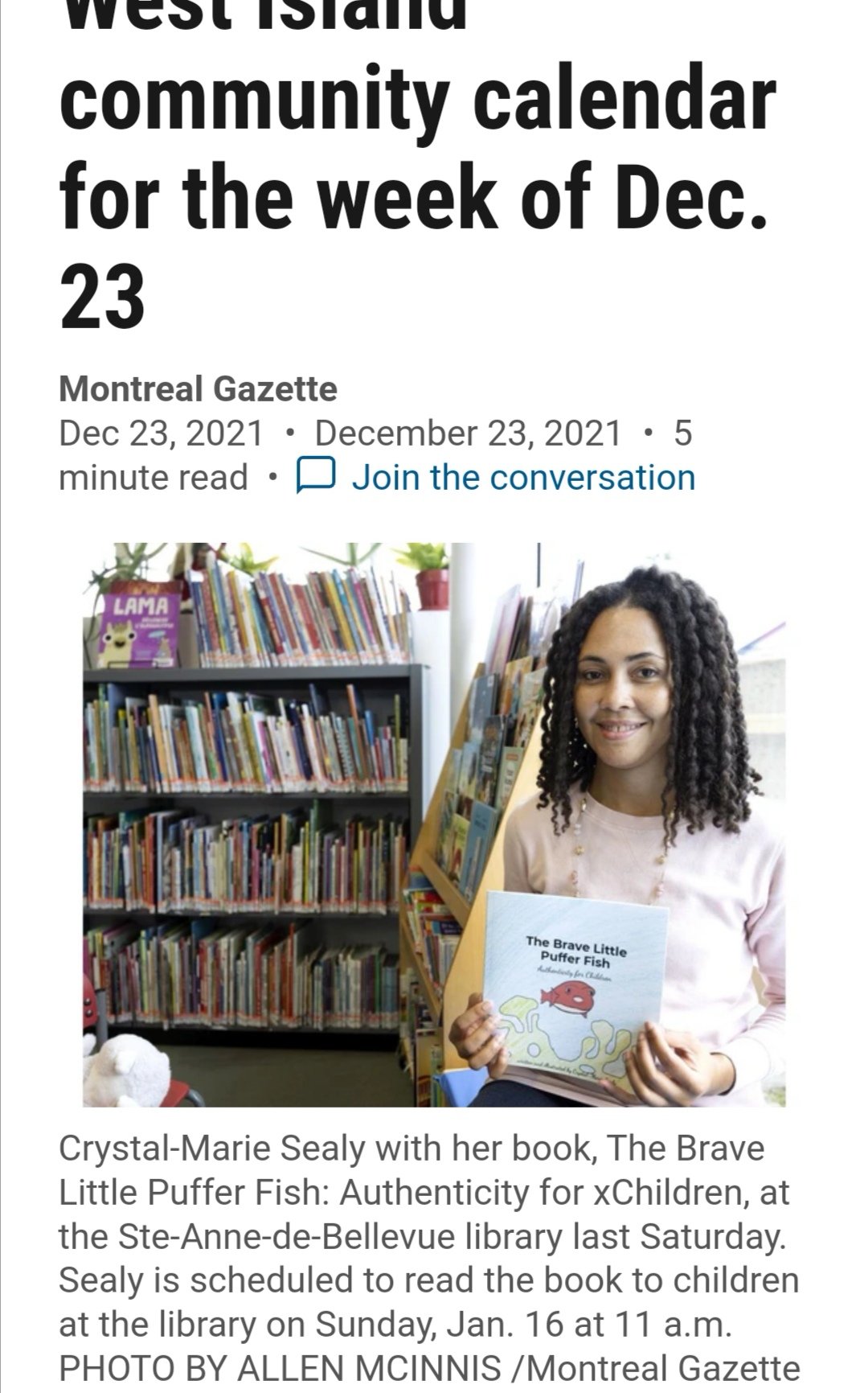 Montreal Gazette captioned photo, Author Signing and Book Sale, Dec 18