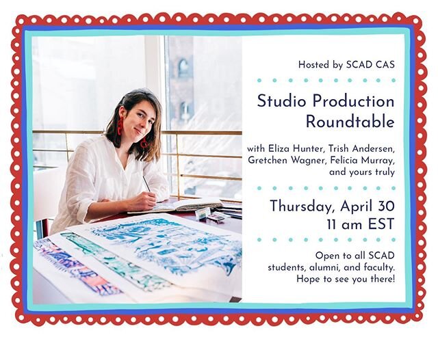 Excited to be part of the @scaddotedu Studio Production round table with these talented makers and artists @felicia_murray @trishandersenart @fernandfiber @thriveordye . We&rsquo;ll be chatting and answering some questions about our diverse studio pr