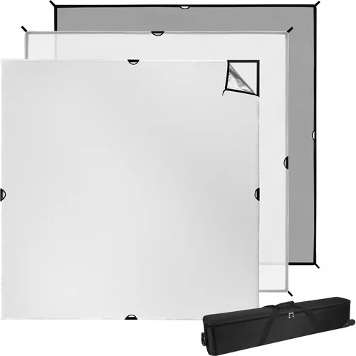 Westcott 8x8 Scrim Jim Cine Kit - this is a MASSIVE frame that gives you truly Hollywood style lighting. You can attach diffusers, reflectors, and cutters to this to create stunning results. It breaks down into pieces and fits into a carrying case. This is 8 foot x 8 foot of lighting pleasure. This Cine Kit comes with a 3/4 stop diffuser and a silver reflector.