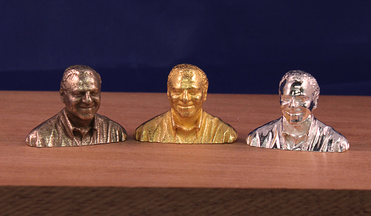 Very Small 3D Portraits in Stainless Steel, Gold Plated Brass and Silver