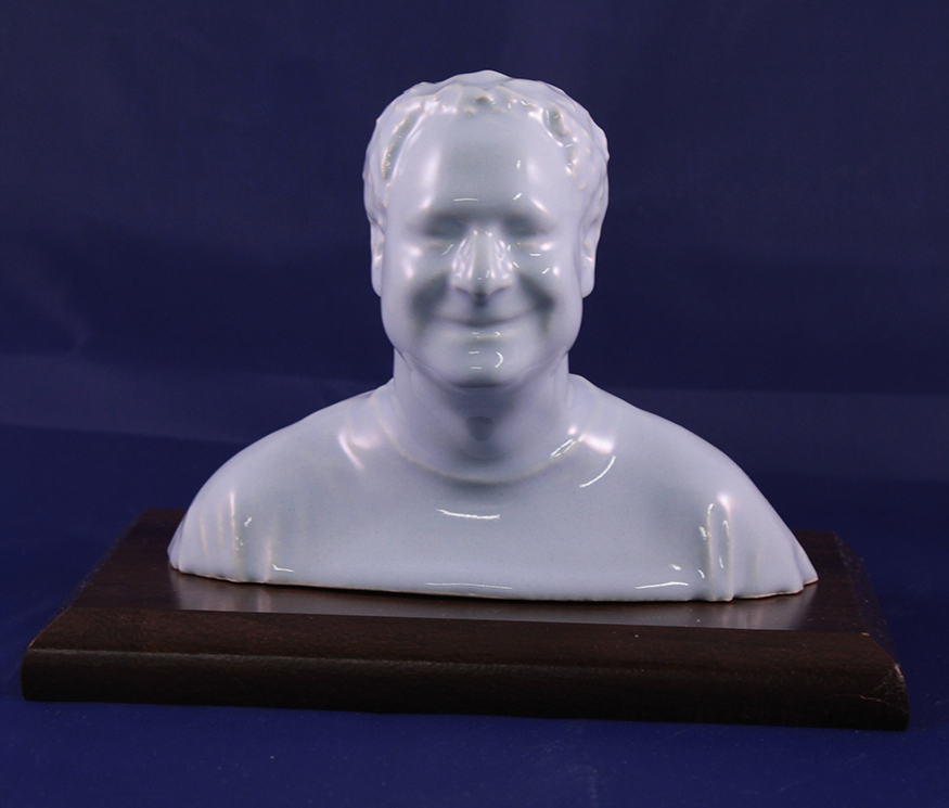 Medium 3D Portrait in Eggshell Blue Ceramic on Dark Walnut Base