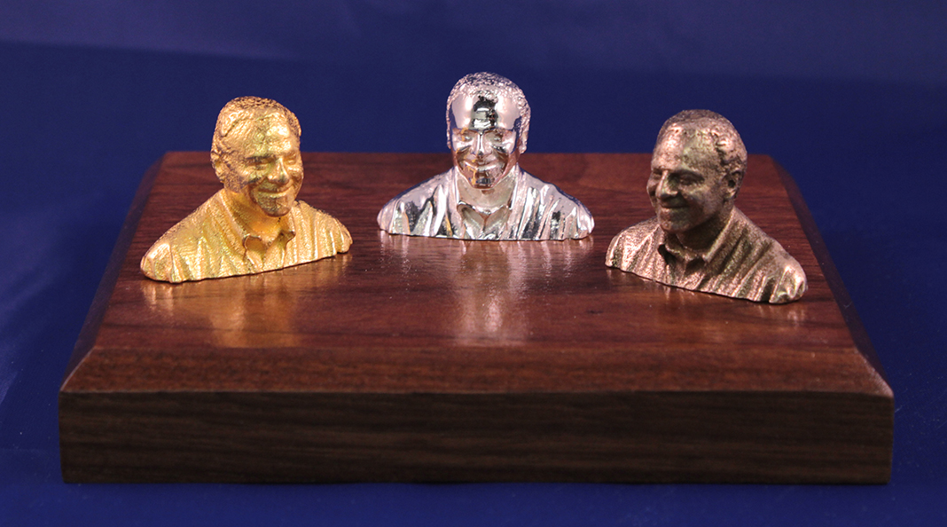 Very Small 3D Portraits in Gold-Plated Brass, Silver and Stainless Steel on Walnut Base