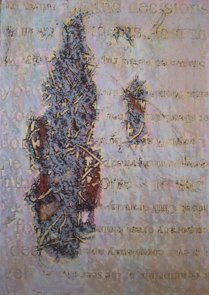  Title:  decisions . Mixed media on paper, 7 inches high X 5 