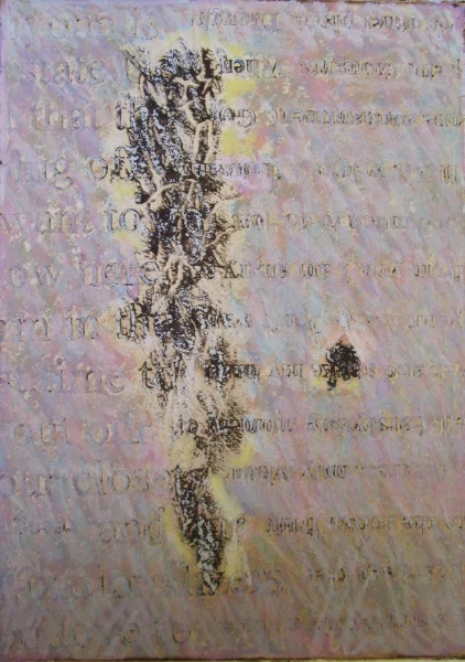  Titled:  here close .&nbsp;Mixed media on paper, 7 inches high X 5  